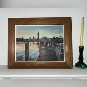 Original Oil Painting Vintage 1965 Lake Pier Bridge Water Signed Harbor Sunset